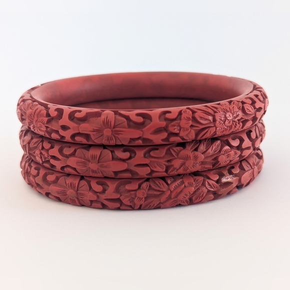Vintage/Estate Red Carved Chinese Cinnabar Bangle Bracelets; Set of 3 - Picture 4 of 13